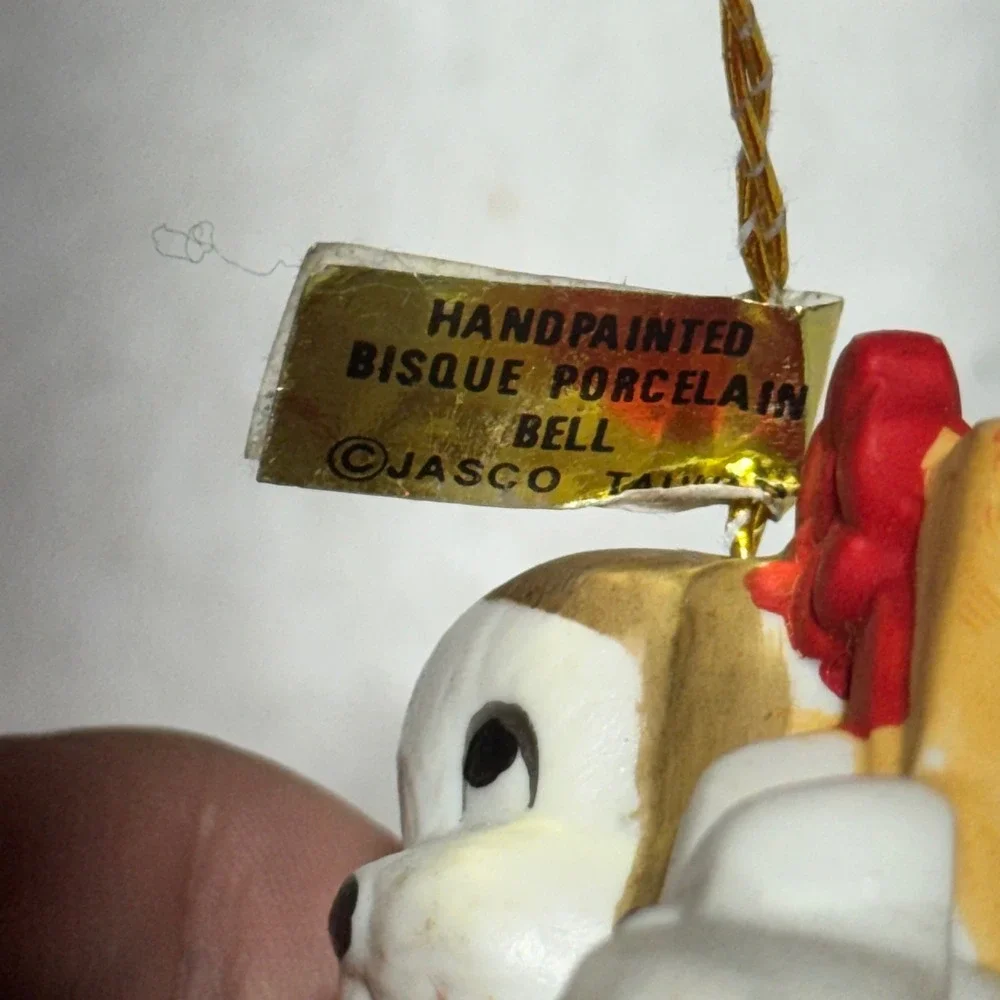 Jasco Lil Bassinet Chimer Puppy Dog Ornament Bisque Porcelain Bell White Brown